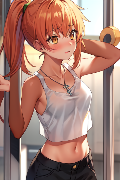 nami, 1girl, long hair, ponytail, tan, solo, tank top, pants, jewelry, cross necklace, blush, midriff, bare shoulders, pul...